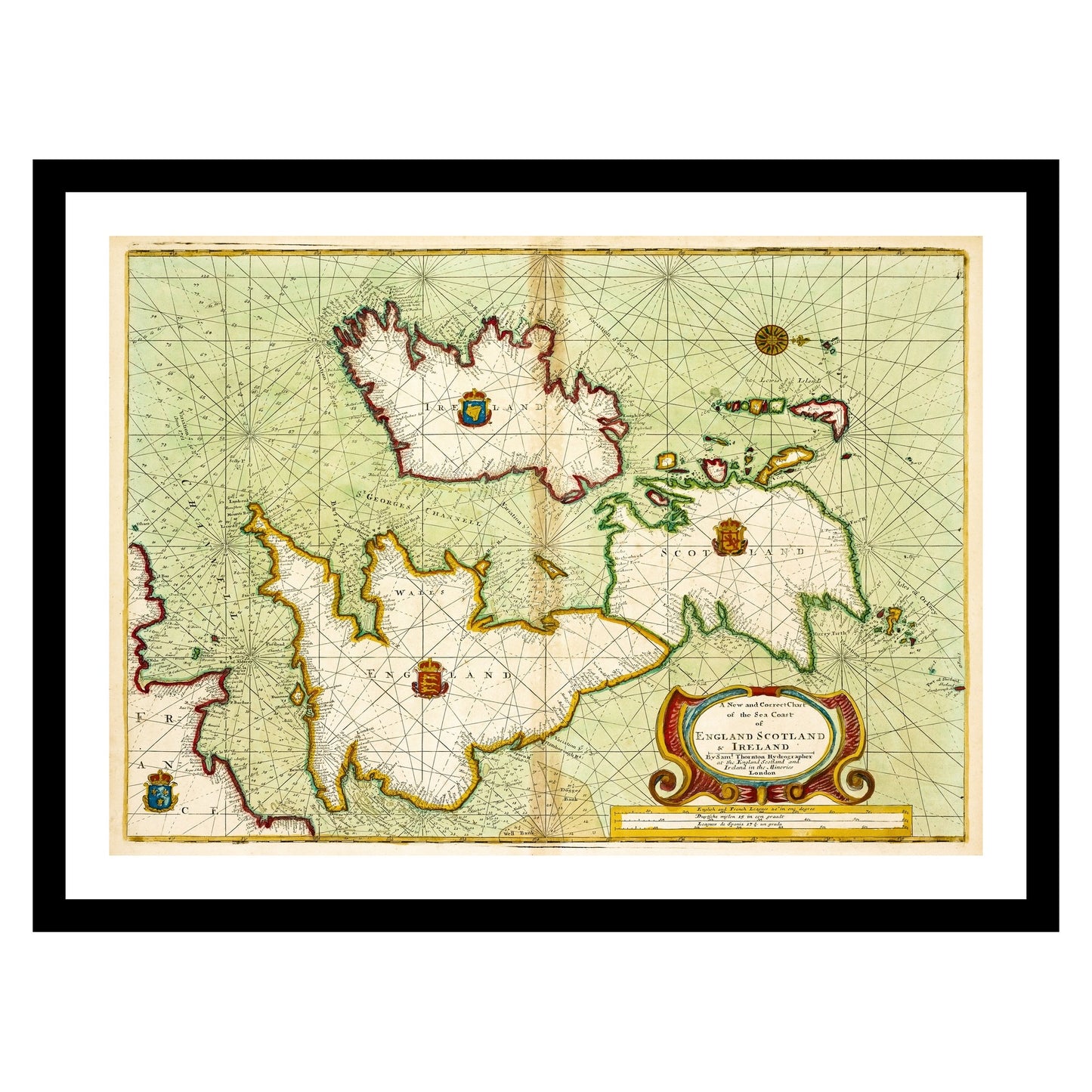 Antique map of British Isles North Atlantic Ocean from 1702 - art print. Vintage poster from the old maps of Sea Marine collection