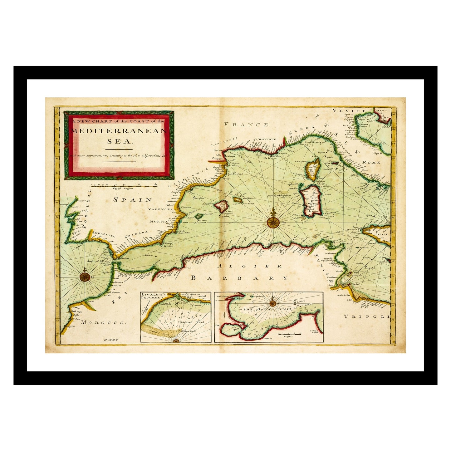 Antique map of Mediterranean Sea from 1702 - art print. Vintage poster from the old maps of Sea Marine collection