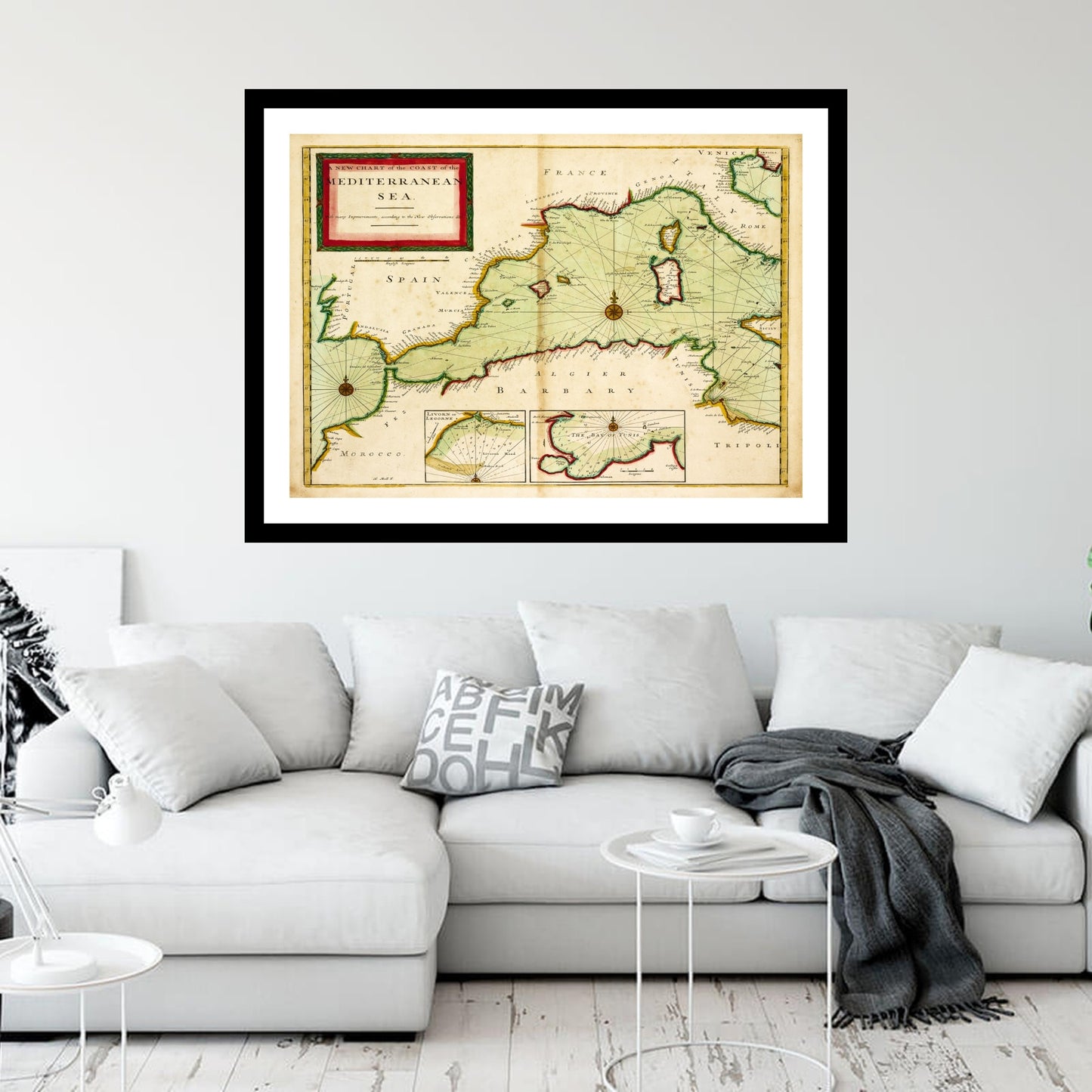 Antique map of Mediterranean Sea from 1702 - art print. Vintage poster from the old maps of Sea Marine collection