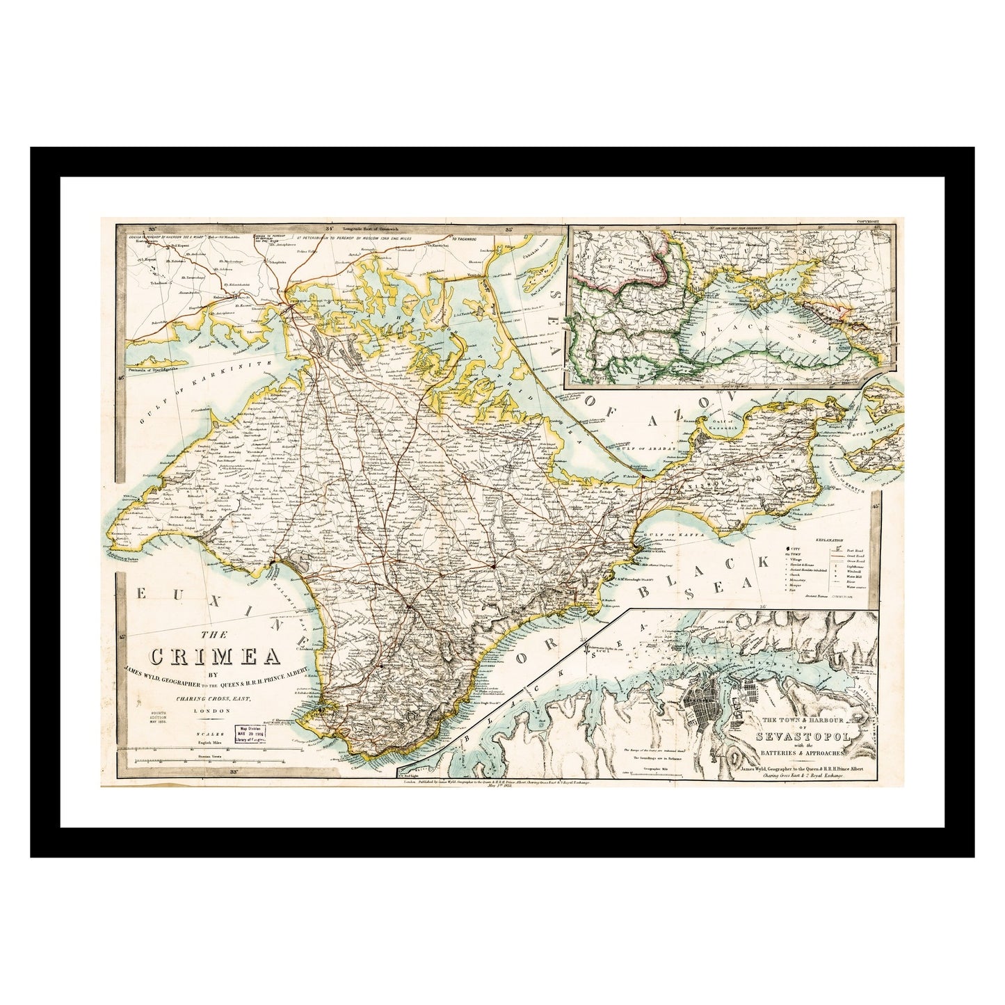 Antique map of Crimea from 1855 - art print. Vintage poster from the old maps of Ukraine collection