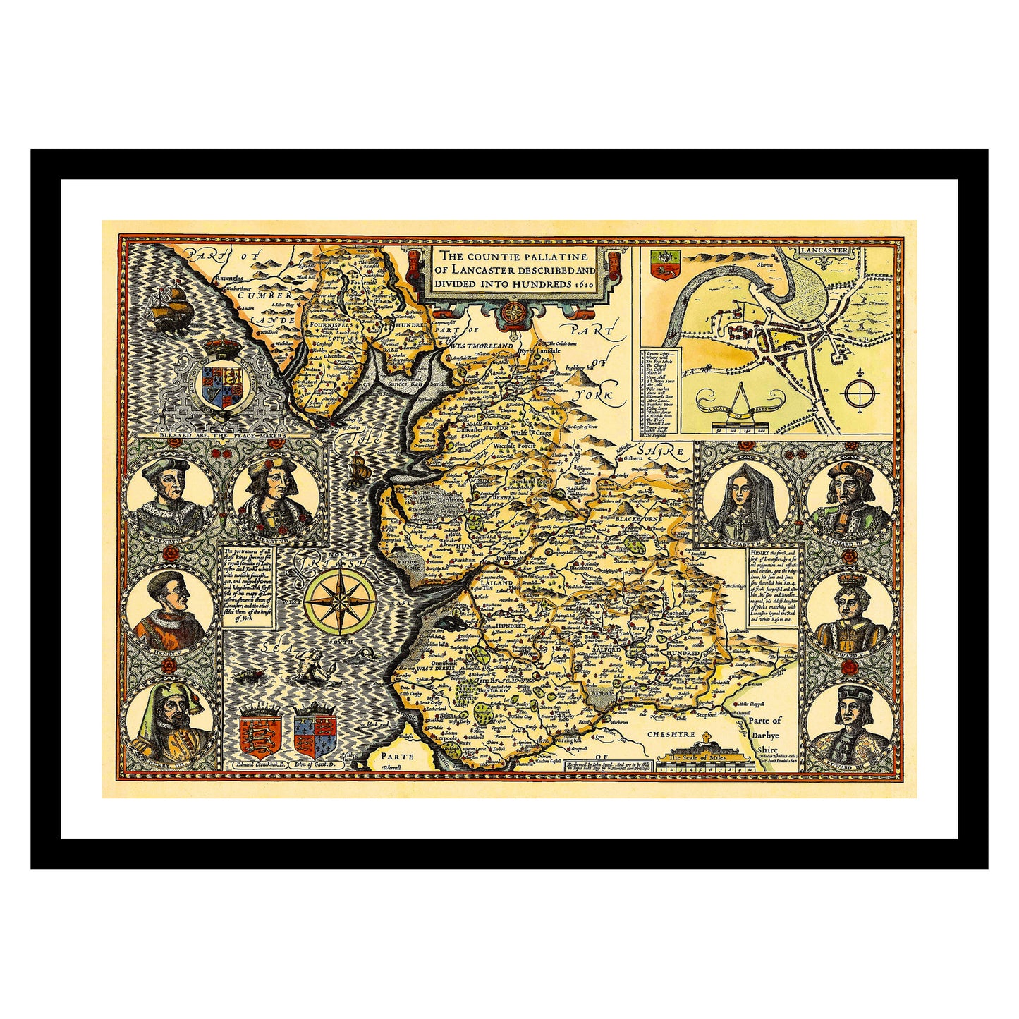 Antique map of Lancashire from 1610 - art print. Vintage poster from the old maps of United Kingdom collection