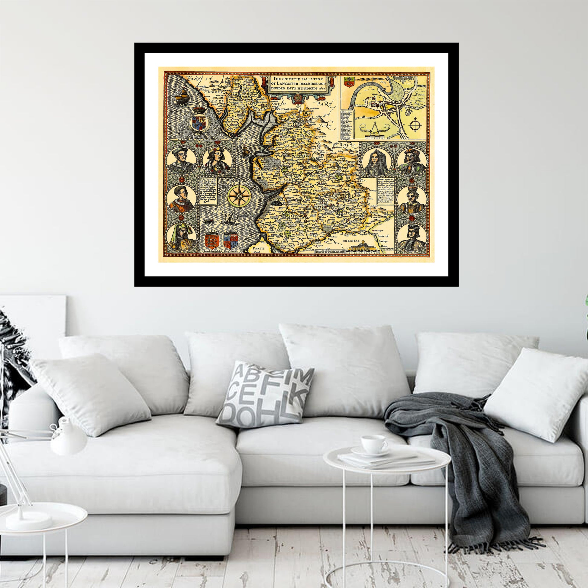 Antique map of Lancashire from 1610 - art print. Vintage poster from the old maps of United Kingdom collection