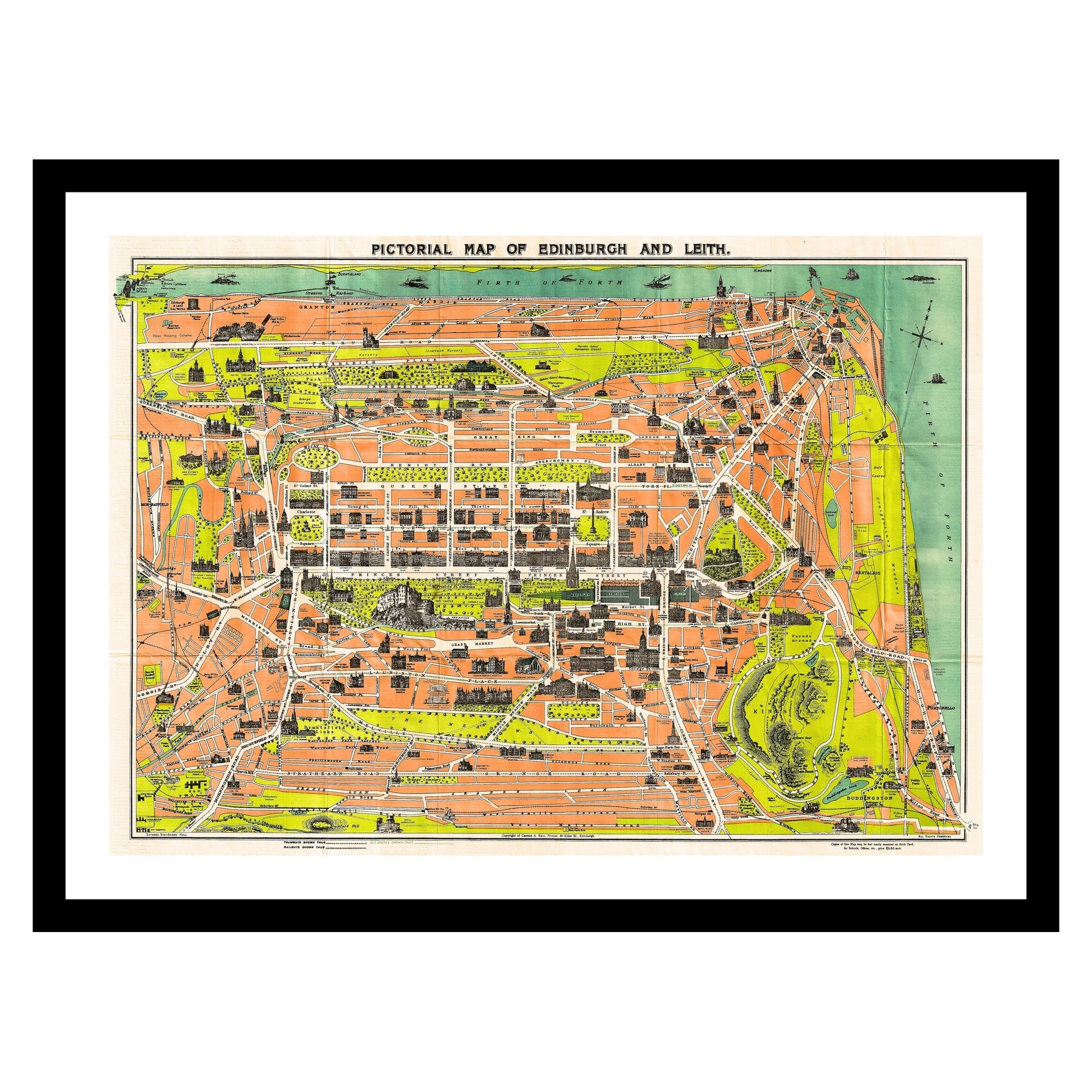 Antique map of Edinburgh from 1935 - art print. Vintage poster from the old maps of United Kingdom collection