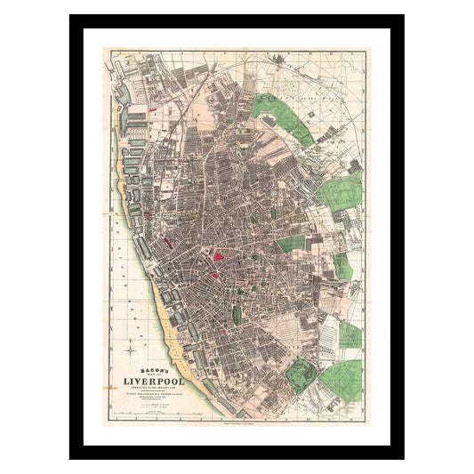 Antique map of Liverpool from 1890 - art print. Vintage poster from the old maps of United Kingdom collection