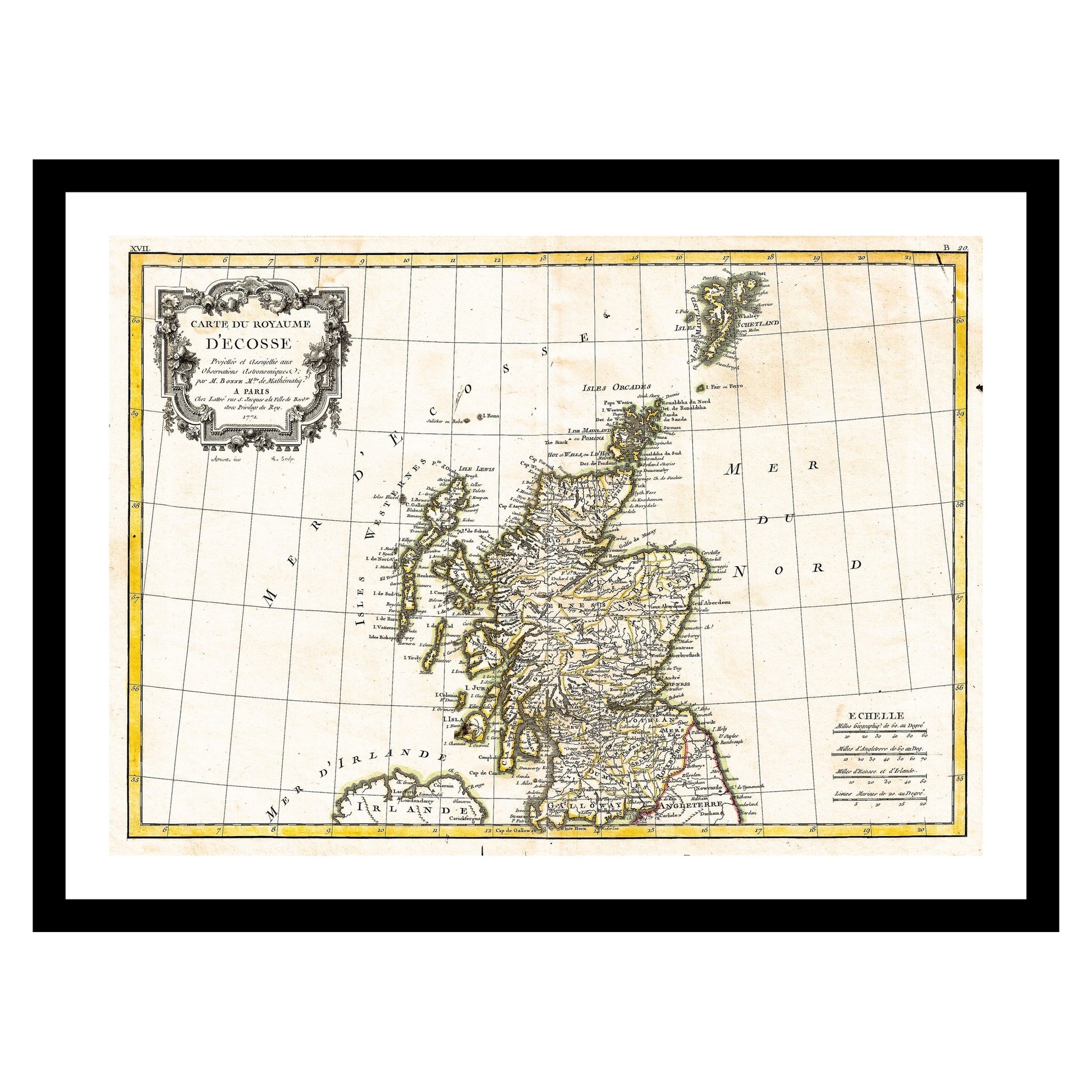 Antique map of Scotland from 1772 - art print. Vintage poster from the old maps of United Kingdom collection