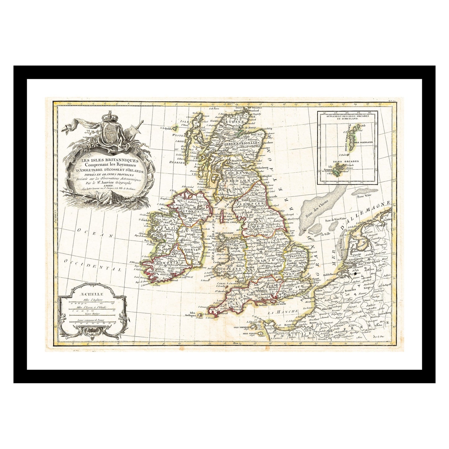 Antique map of British Isles from 1771 - art print. Vintage poster from the old maps of United Kingdom collection