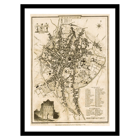 Antique map of Norwich from 1832 - art print. Vintage poster from the old maps of United Kingdom collection