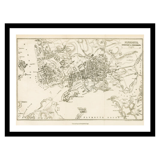 Antique map of Plymouth from 1883 - art print. Vintage poster from the old maps of United Kingdom collection