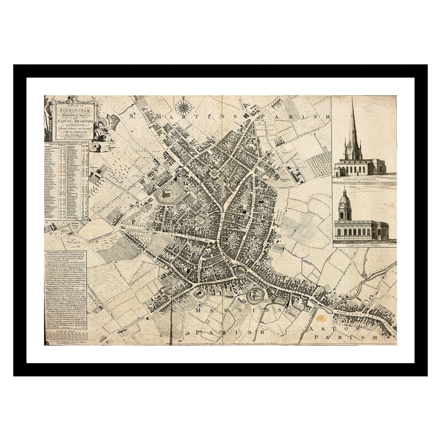 Antique map of Birmingham from 1751 - art print. Vintage poster from the old maps of United Kingdom collection