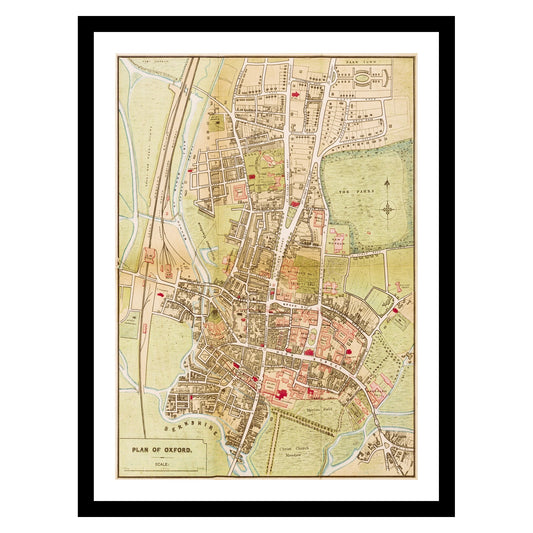 Antique map of Oxford from 1875 - art print. Vintage poster from the old maps of United Kingdom collection