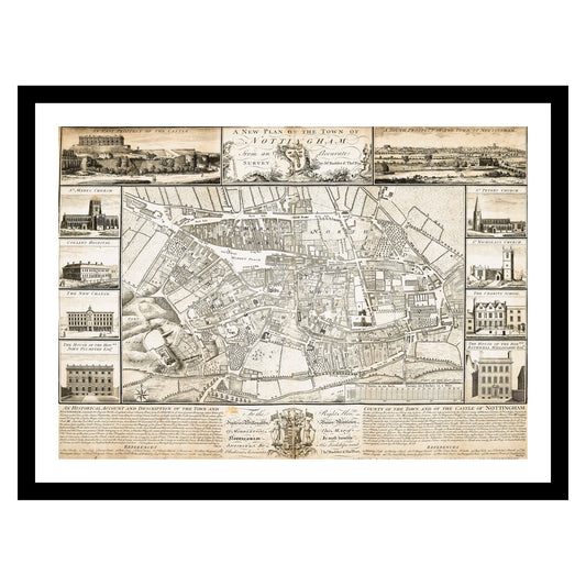 Antique map of Nottingham from 1744 - art print. Vintage poster from the old maps of United Kingdom collection