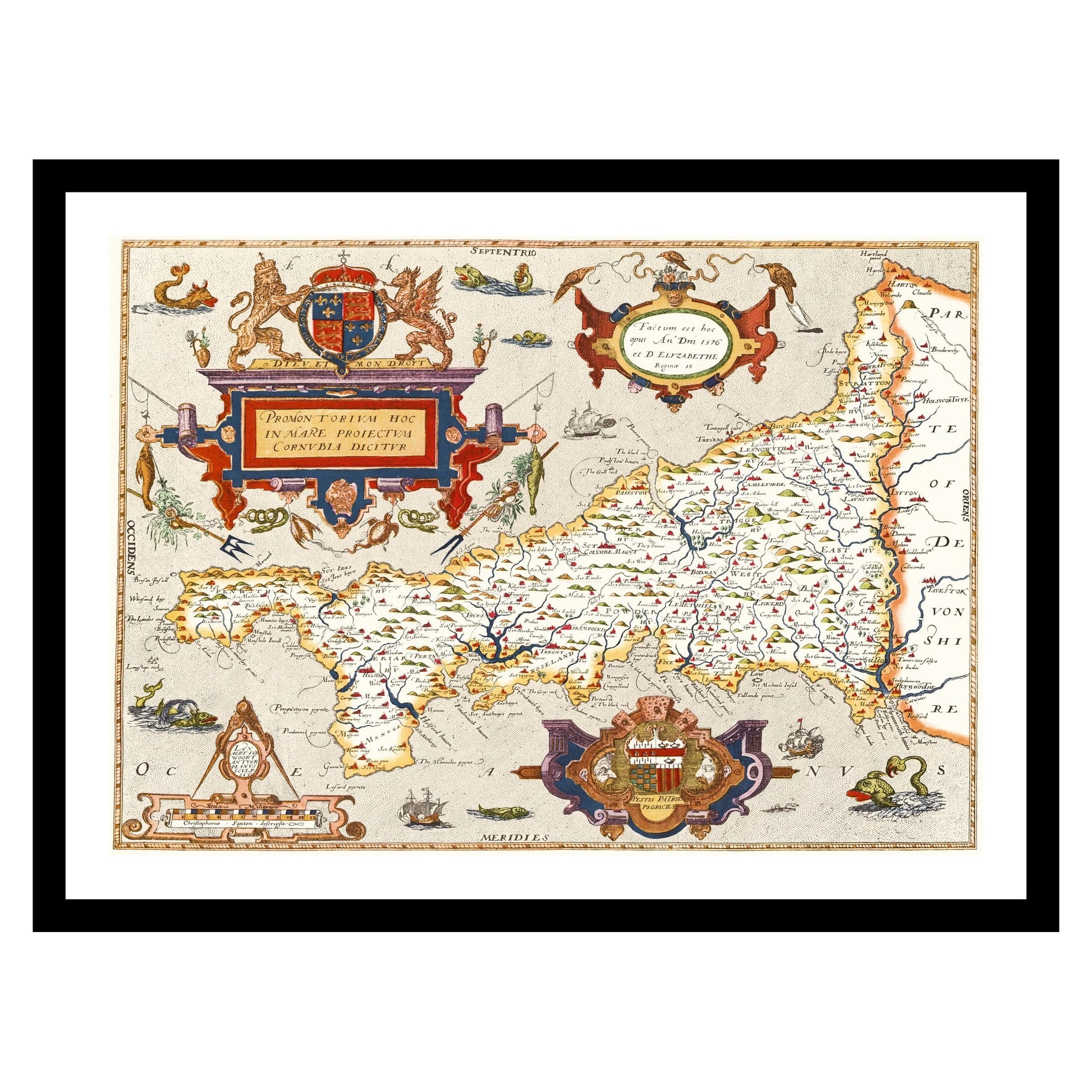 Antique map of Cornwall from 1576 - art print. Vintage poster from the old maps of United Kingdom collection