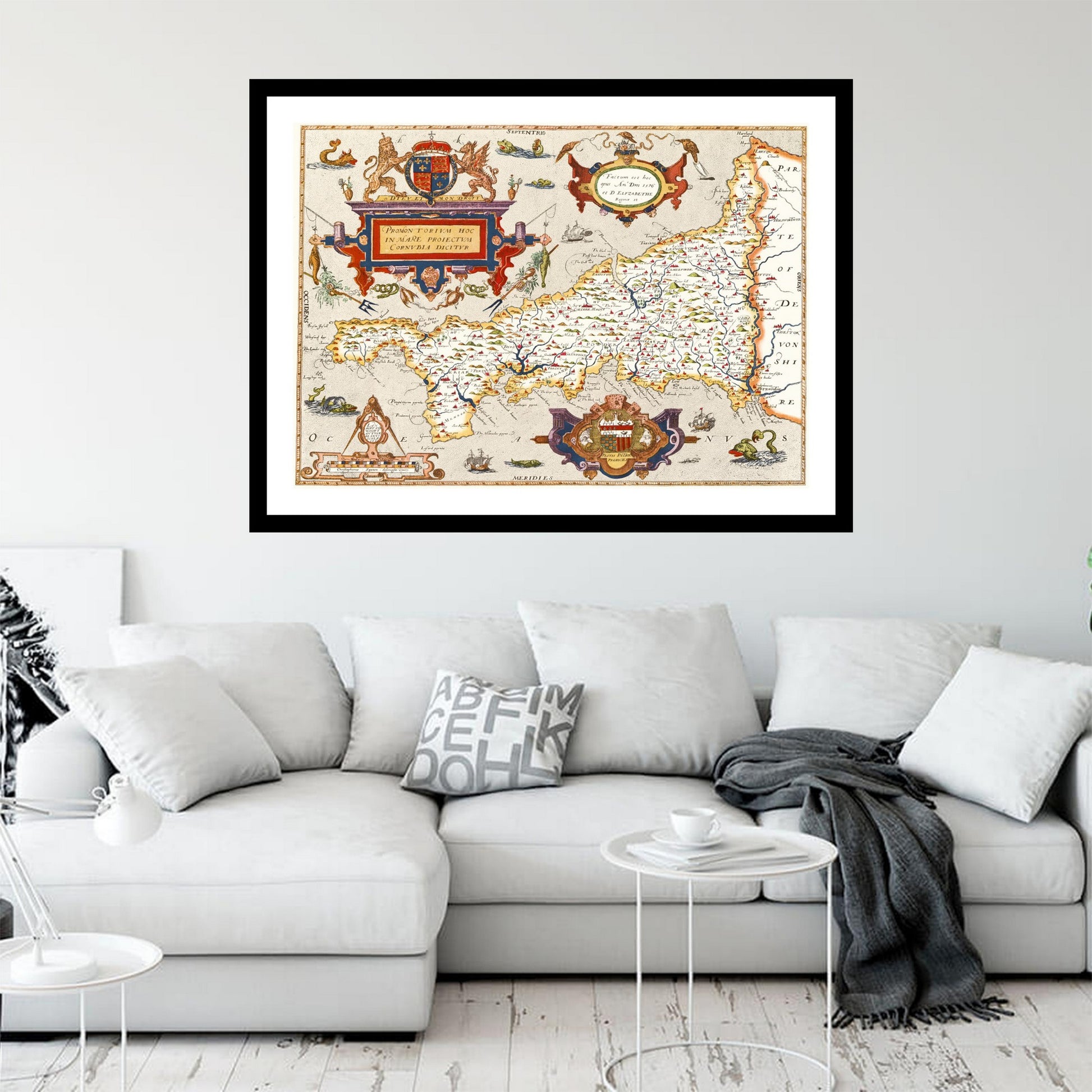 Antique map of Cornwall from 1576 - art print. Vintage poster from the old maps of United Kingdom collection