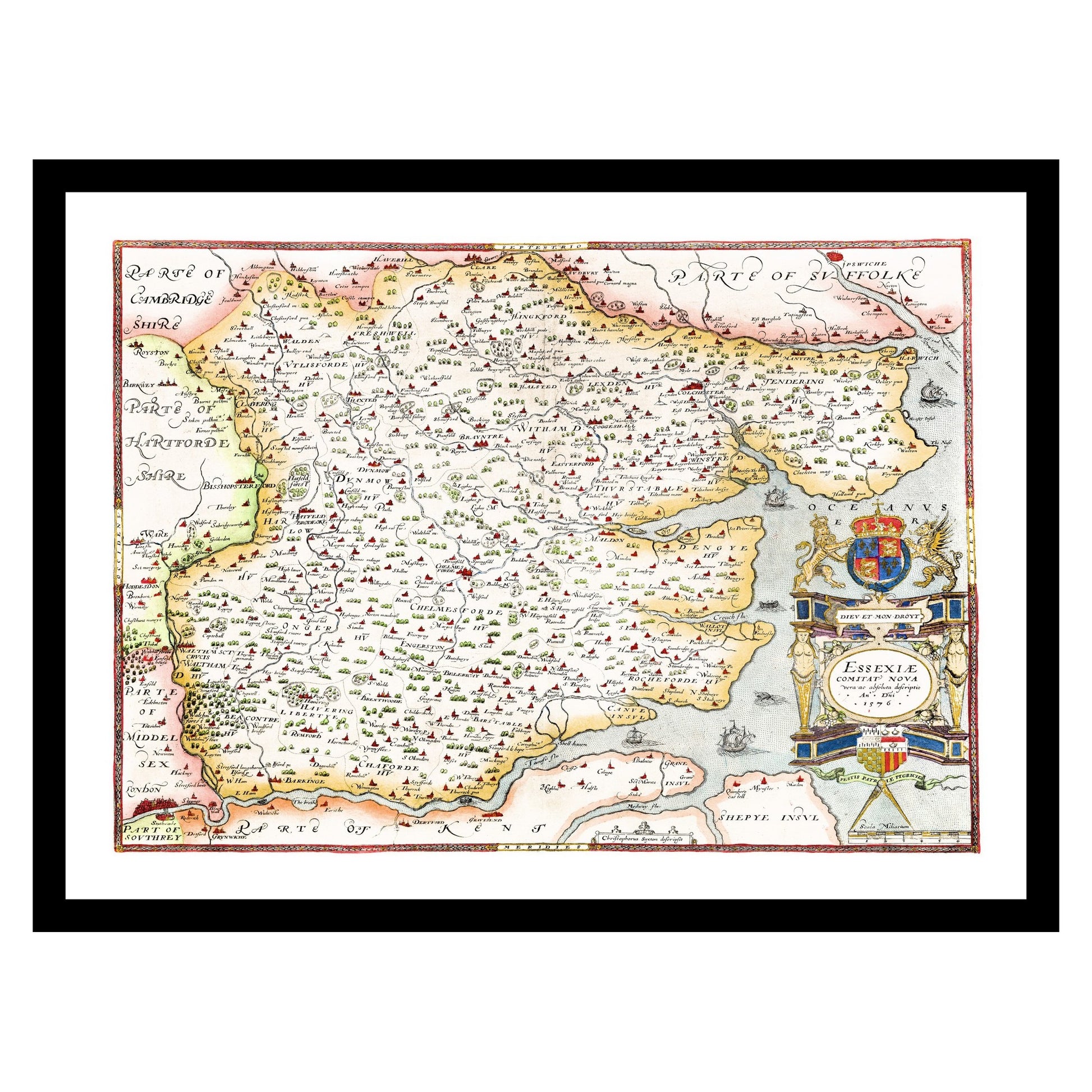 Antique map of Essex from 1576 - art print. Vintage poster from the old maps of United Kingdom collection