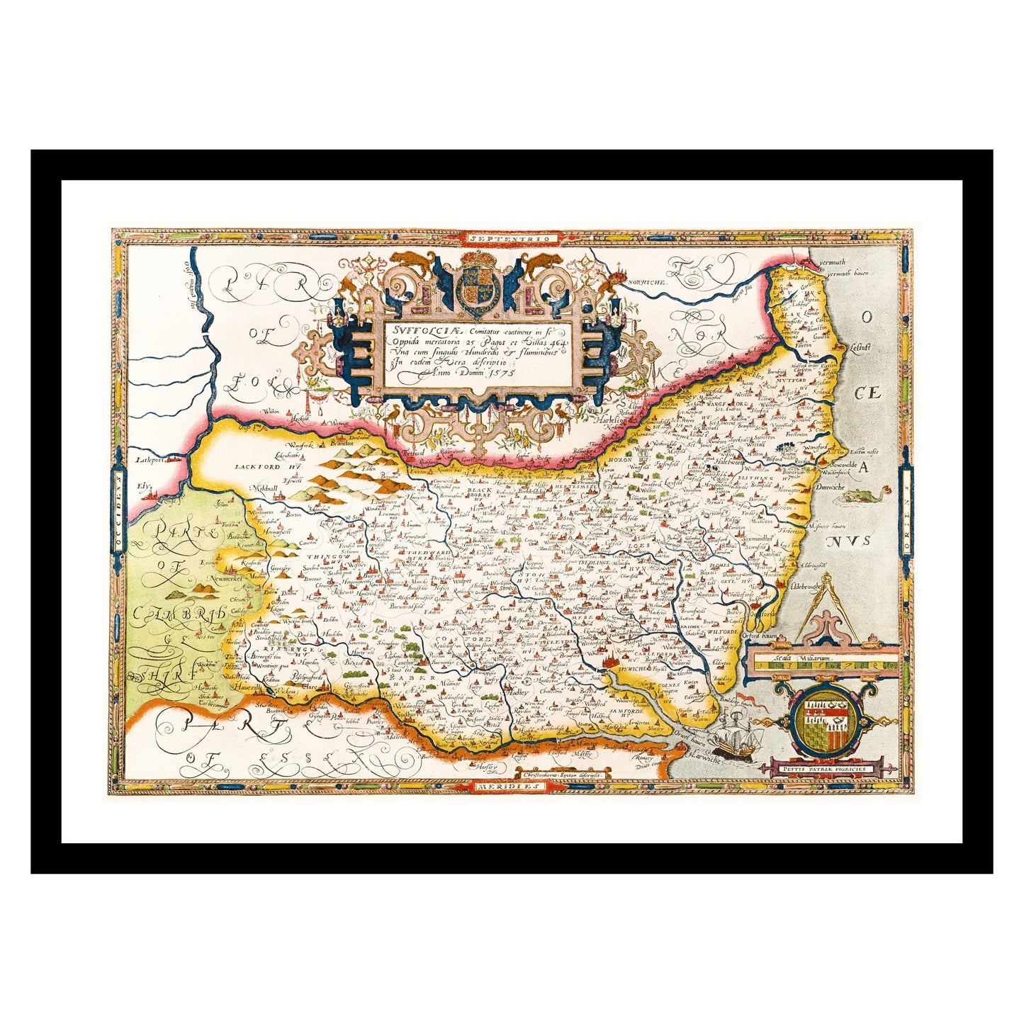 Antique map of Suffolk from 1575 - art print. Vintage poster from the old maps of United Kingdom collection