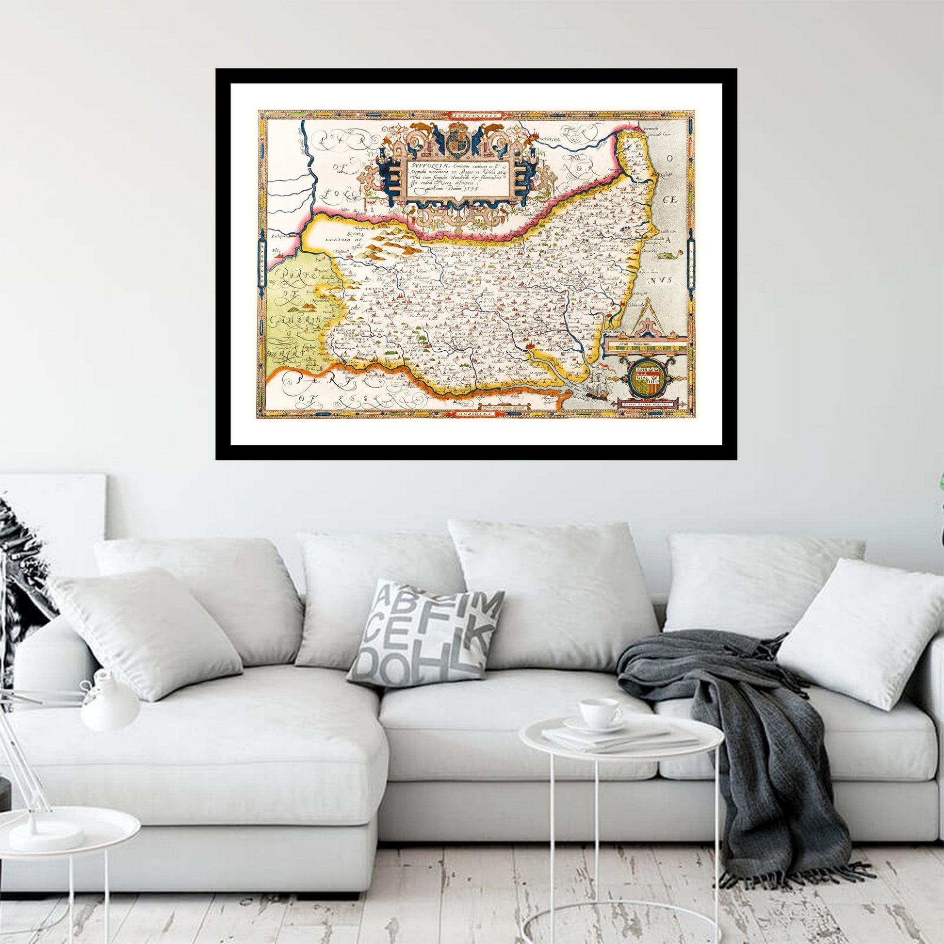 Antique map of Suffolk from 1575 - art print. Vintage poster from the old maps of United Kingdom collection