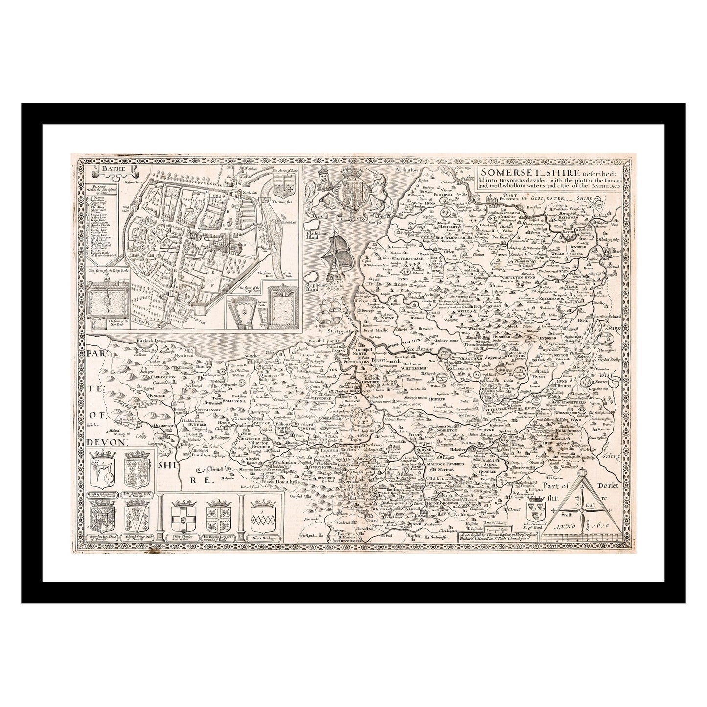 Antique map of Somerset from 1610 - art print. Vintage poster from the old maps of United Kingdom collection