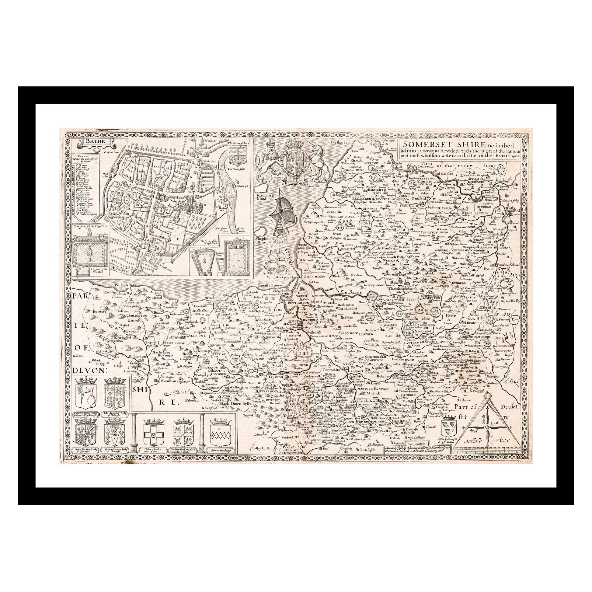 Antique map of Somerset from 1610 - art print. Vintage poster from the old maps of United Kingdom collection