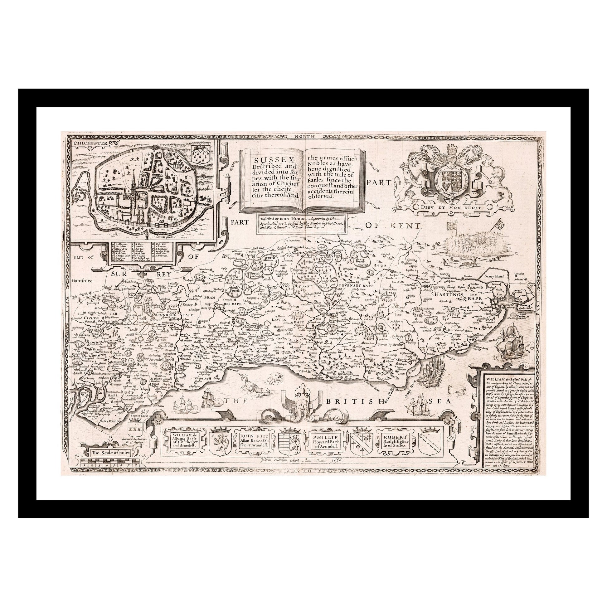 Antique map of Sussex from 1610 - art print. Vintage poster from the old maps of United Kingdom collection