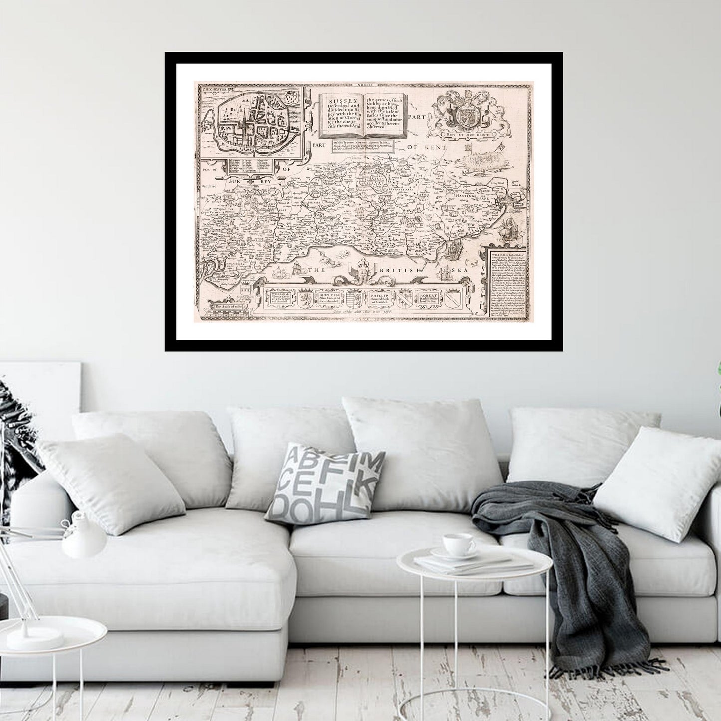 Antique map of Sussex from 1610 - art print. Vintage poster from the old maps of United Kingdom collection