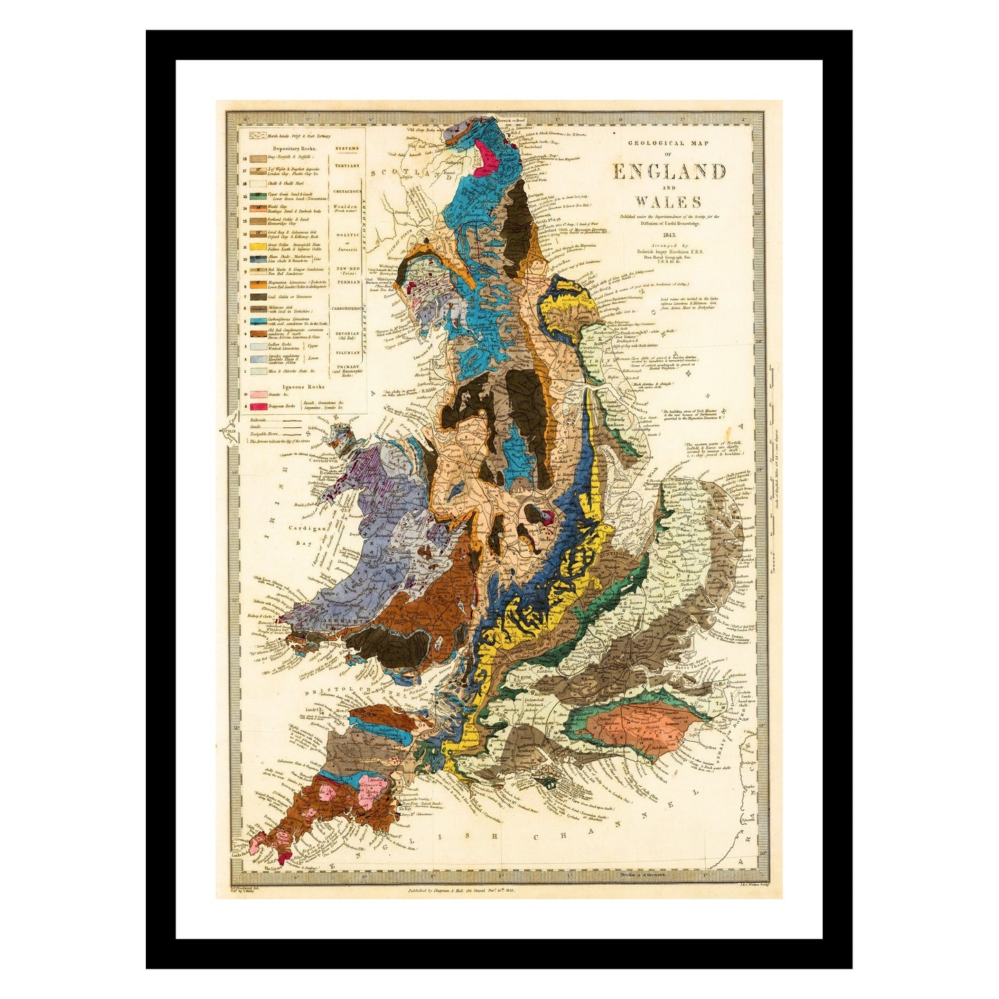 Antique map of Geological England Wales from 1843 - art print. Vintage poster from the old maps of United Kingdom collection