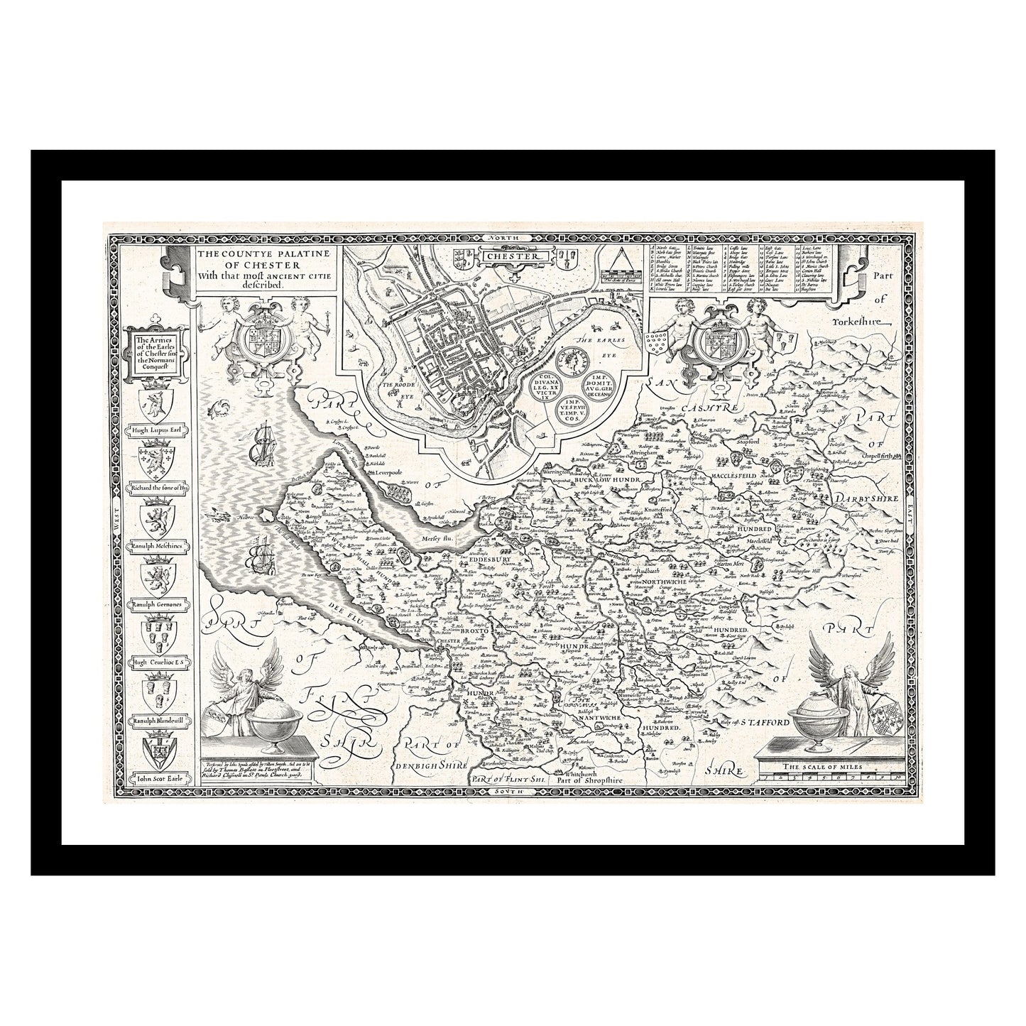 Antique map of Cheshire from 1676 - art print. Vintage poster from the old maps of United Kingdom collection