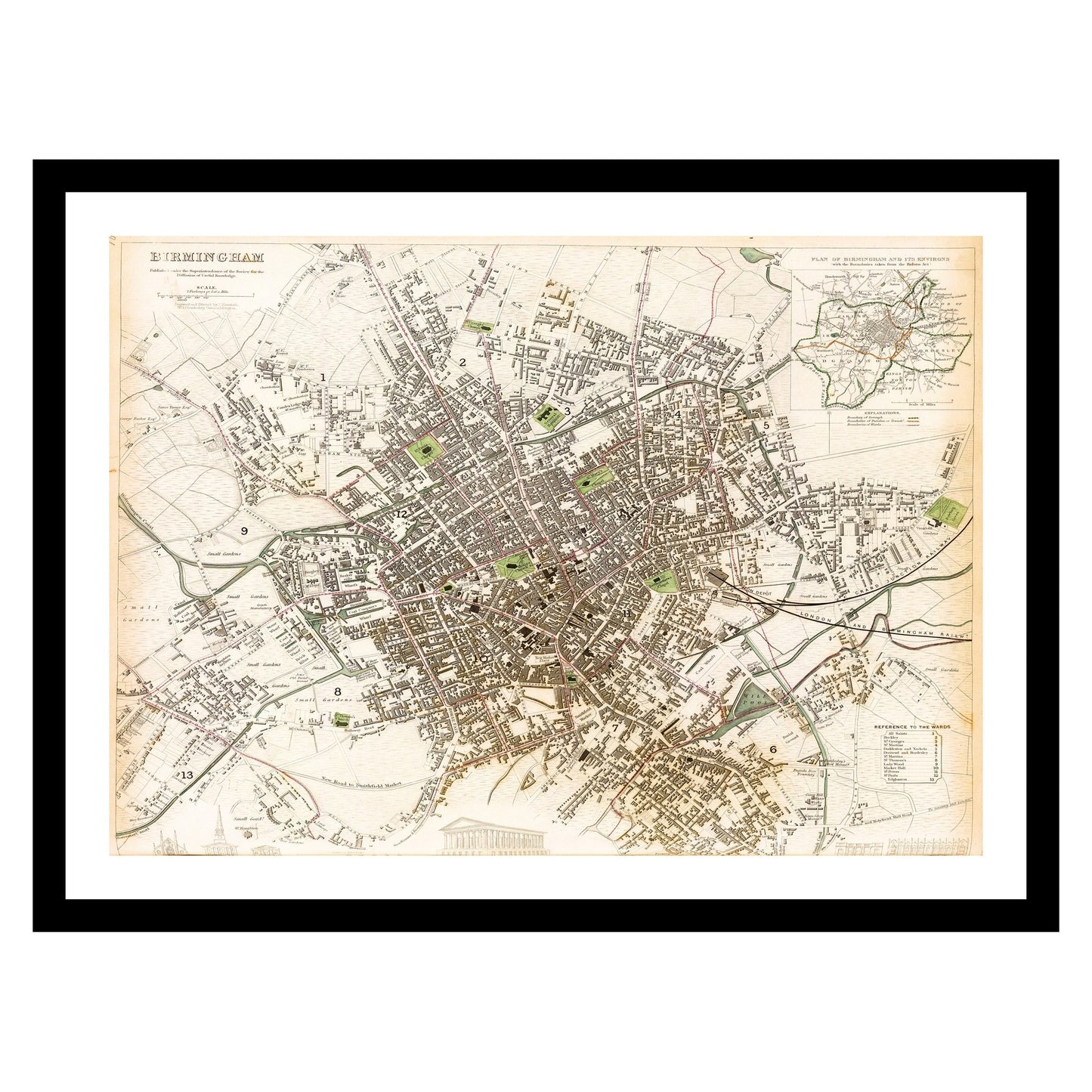 Antique map of Birmingham from 1839 - art print. Vintage poster from the old maps of United Kingdom collection