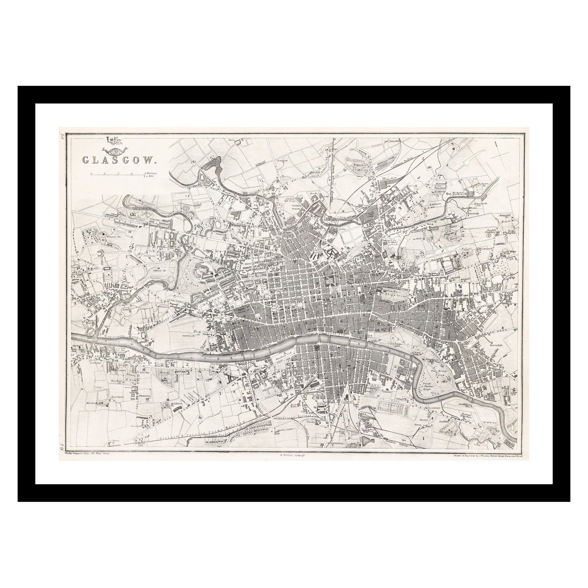 Antique map of Glasgow from 1863 - art print. Vintage poster from the old maps of United Kingdom collection