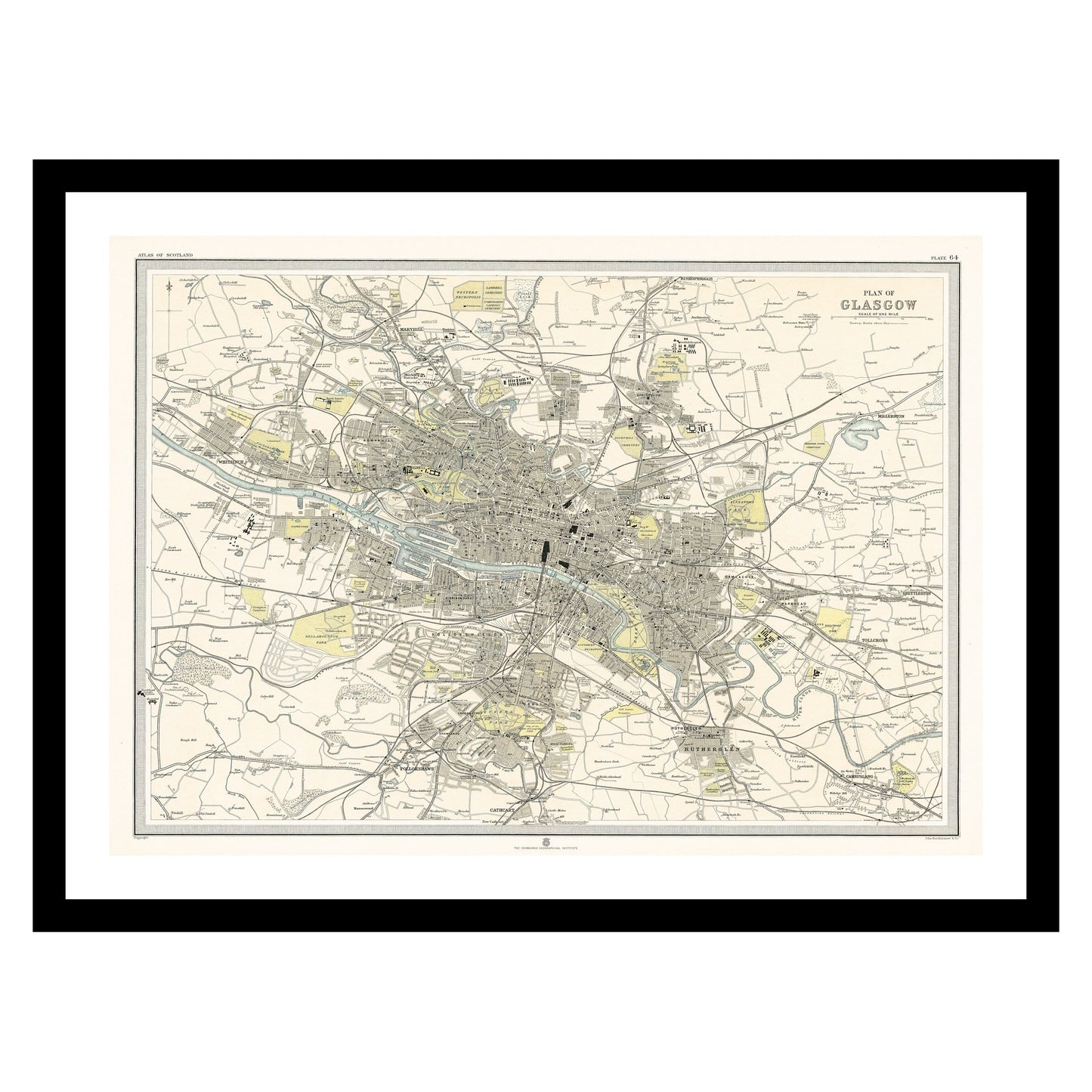 Antique map of Glasgow from 1912 - art print. Vintage poster from the old maps of United Kingdom collection