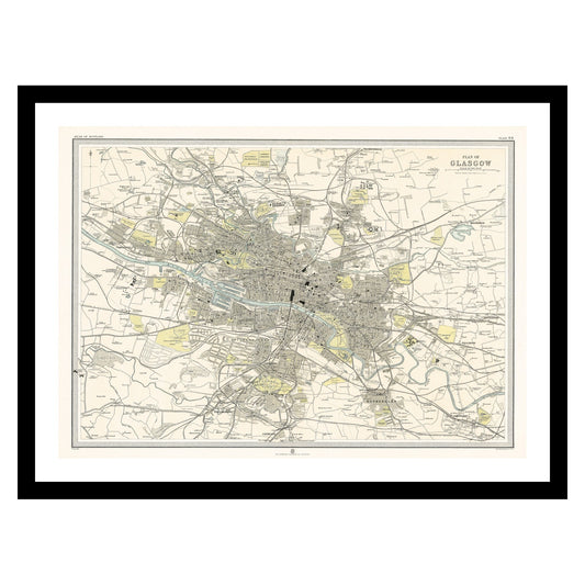 Antique map of Glasgow from 1912 - art print. Vintage poster from the old maps of United Kingdom collection