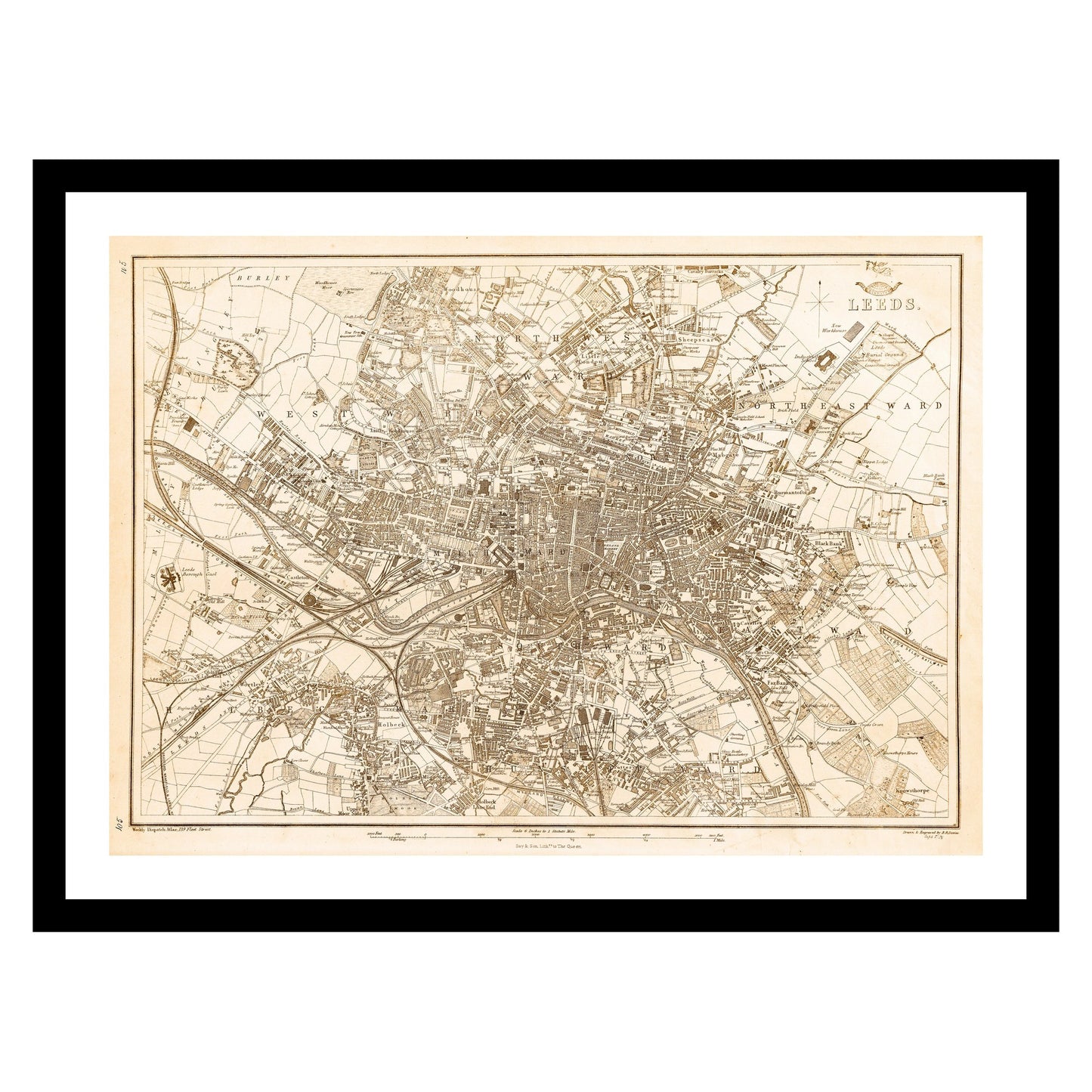 Antique map of Leeds from 1863 - art print. Vintage poster from the old maps of United Kingdom collection