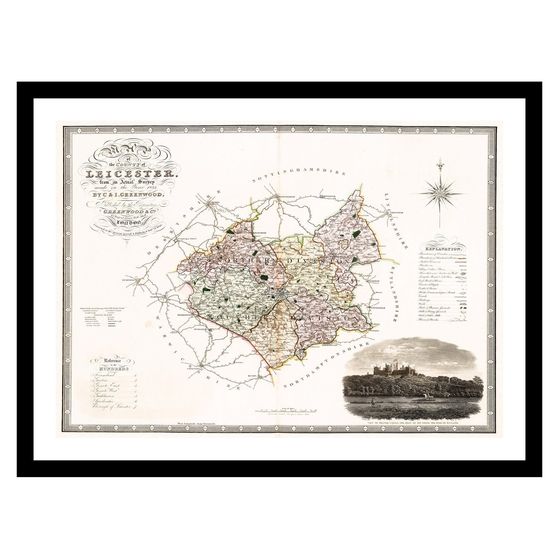 Antique map of Leicester from 1830 - art print. Vintage poster from the old maps of United Kingdom collection