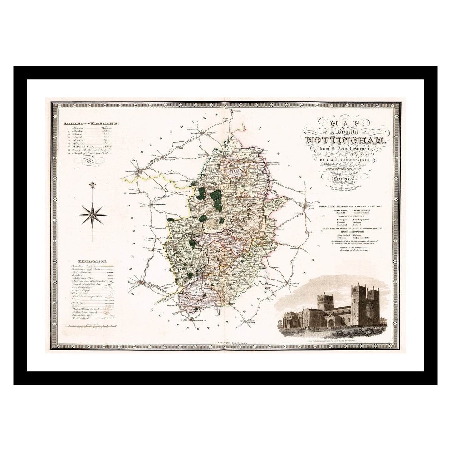 Antique map of Nottingham from 1831 - art print. Vintage poster from the old maps of United Kingdom collection