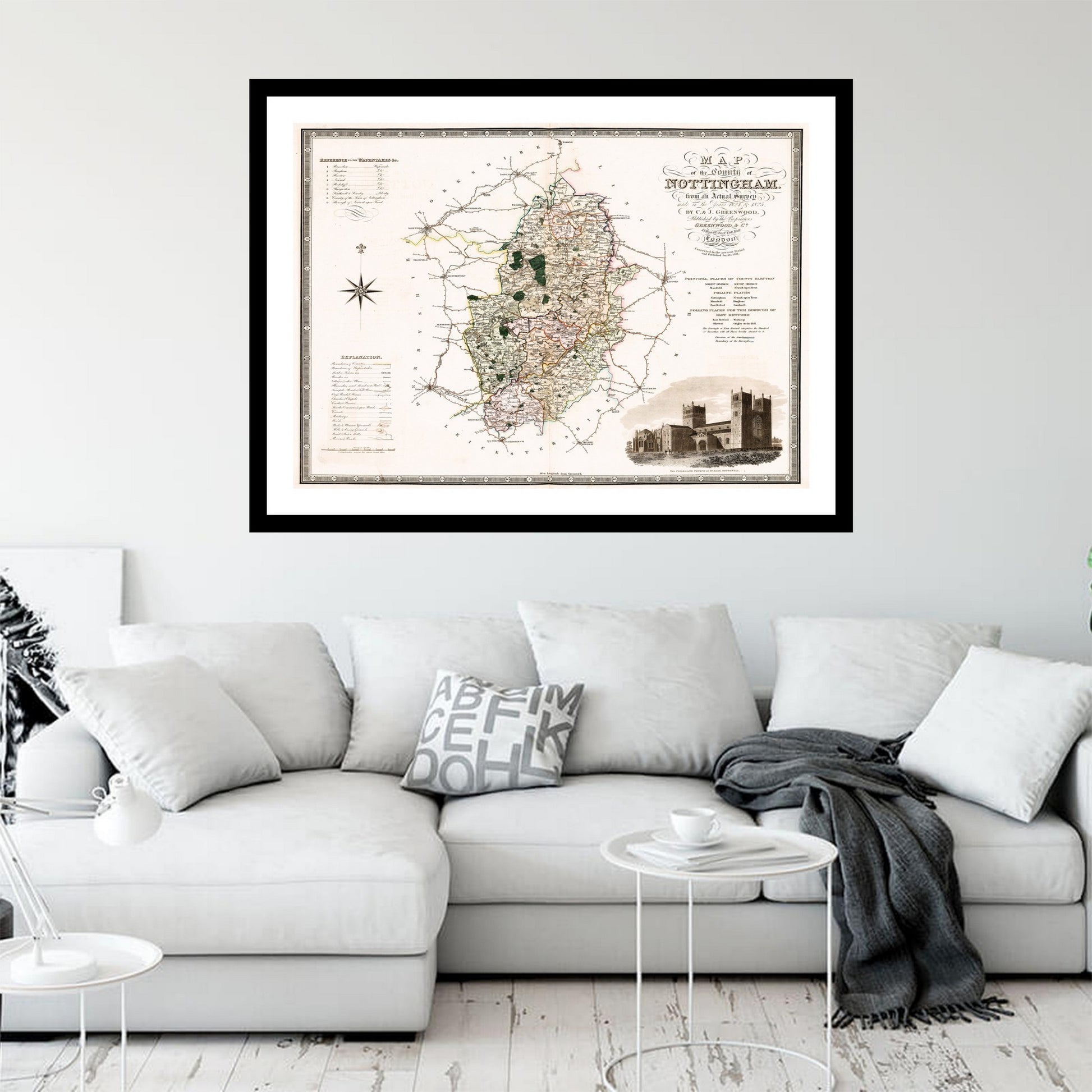 Antique map of Nottingham from 1831 - art print. Vintage poster from the old maps of United Kingdom collection