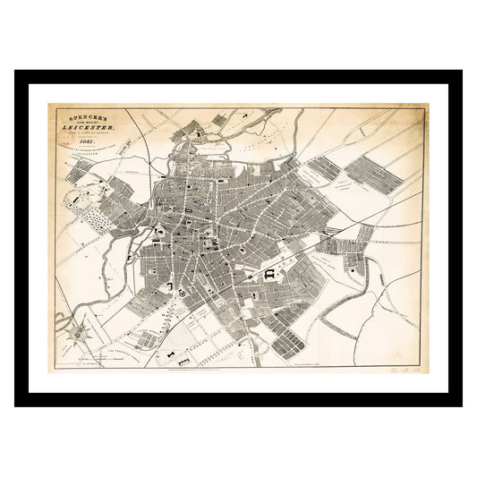 Antique map of Leicester from 1881 - art print. Vintage poster from the old maps of United Kingdom collection