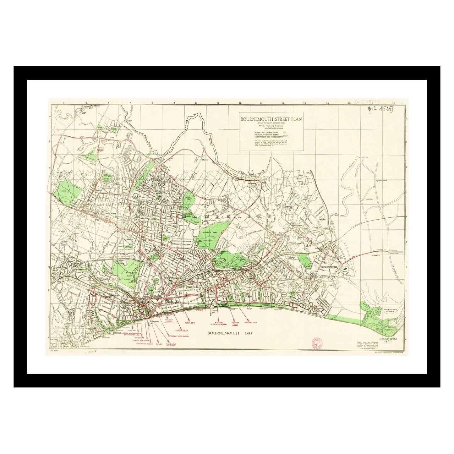 Antique map of Bournemouth from 1938 - art print. Vintage poster from the old maps of United Kingdom collection