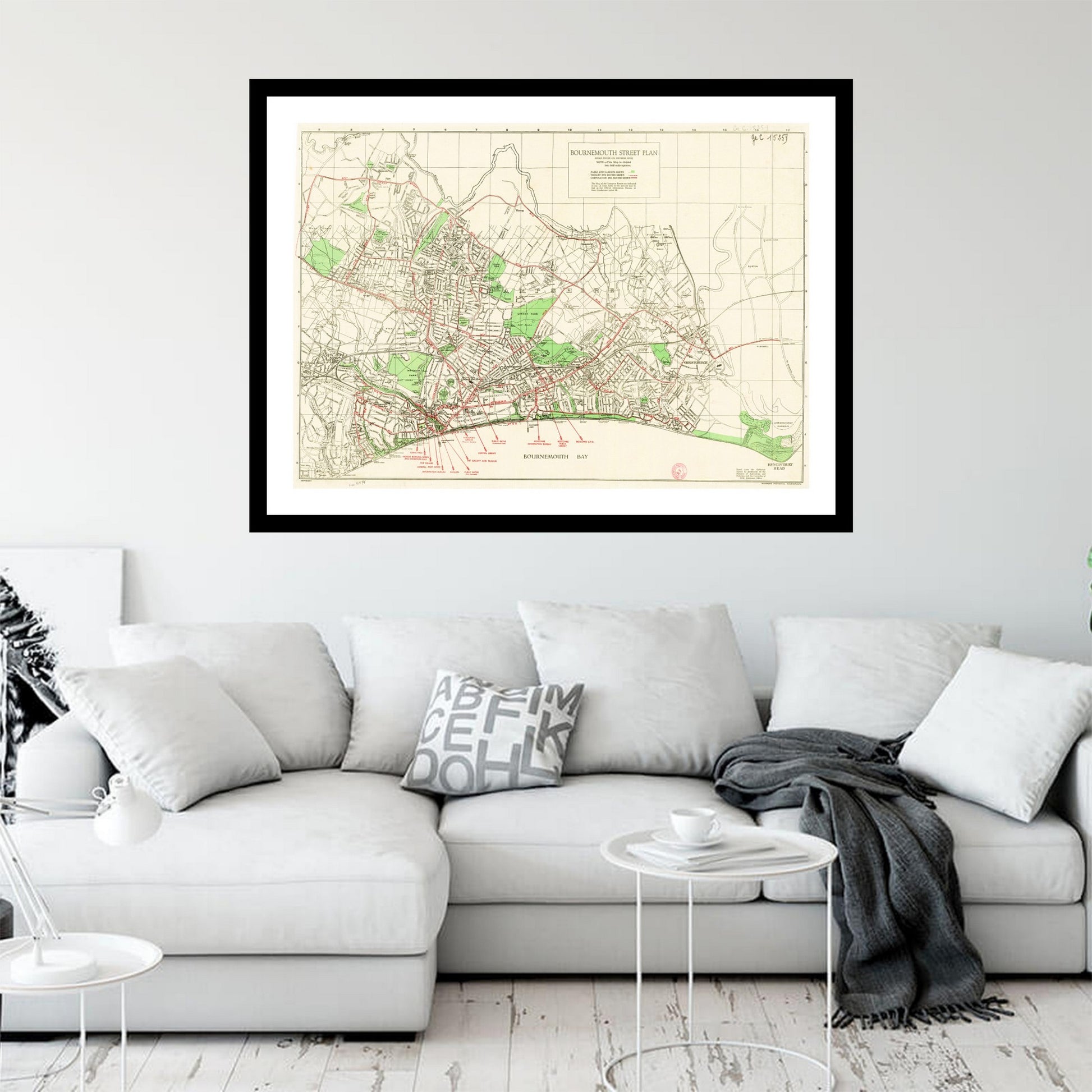 Antique map of Bournemouth from 1938 - art print. Vintage poster from the old maps of United Kingdom collection