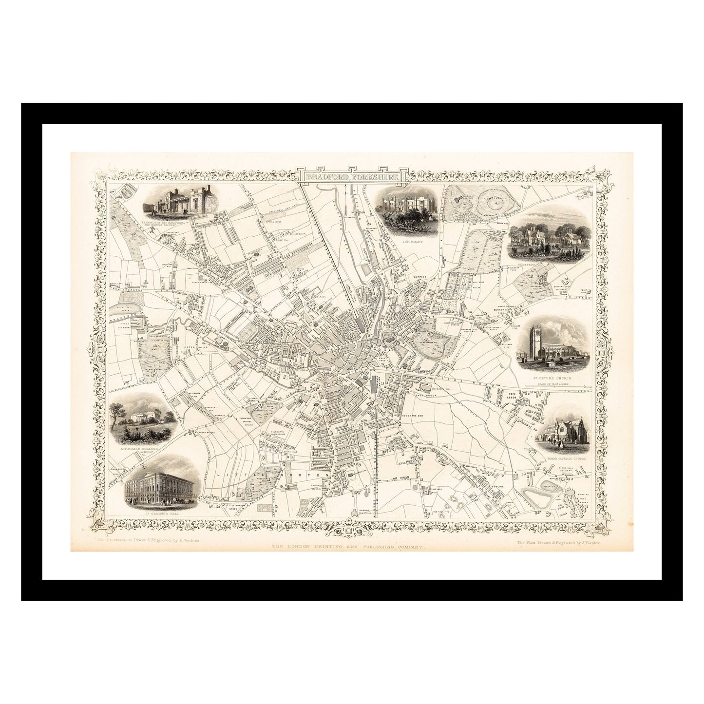 Antique map of Bradford from 1851 - art print. Vintage poster from the old maps of United Kingdom collection