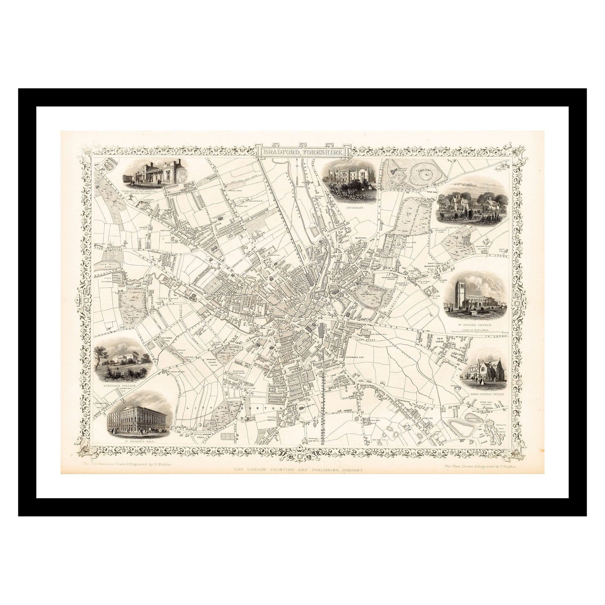 Antique map of Bradford from 1851 - art print. Vintage poster from the old maps of United Kingdom collection