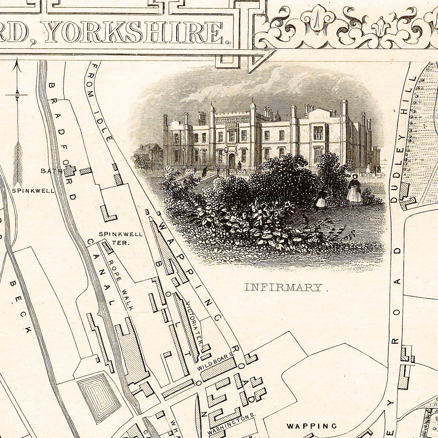 Bradford England UK 1851 - Old Antique Map - Art Print