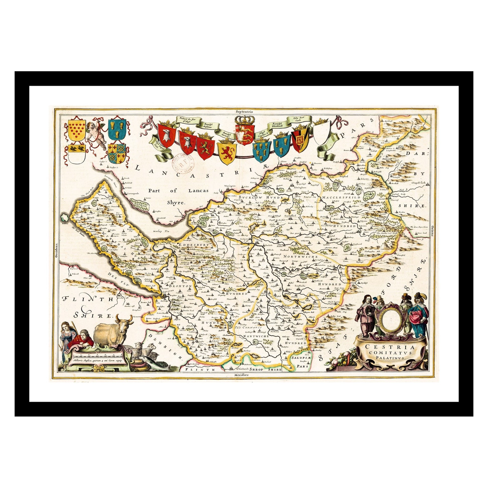 Antique map of Cheshire from 1645 - art print. Vintage poster from the old maps of United Kingdom collection