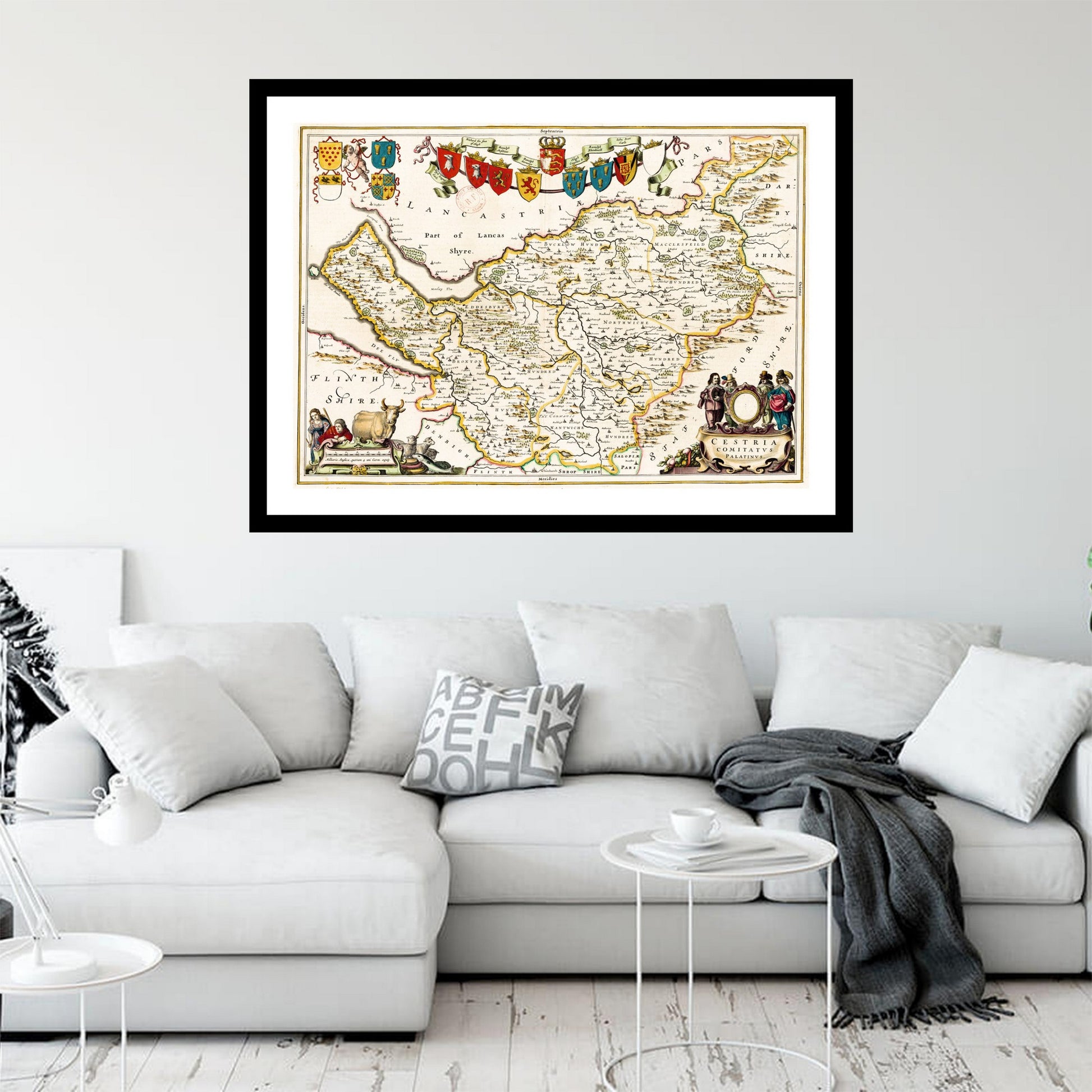 Antique map of Cheshire from 1645 - art print. Vintage poster from the old maps of United Kingdom collection