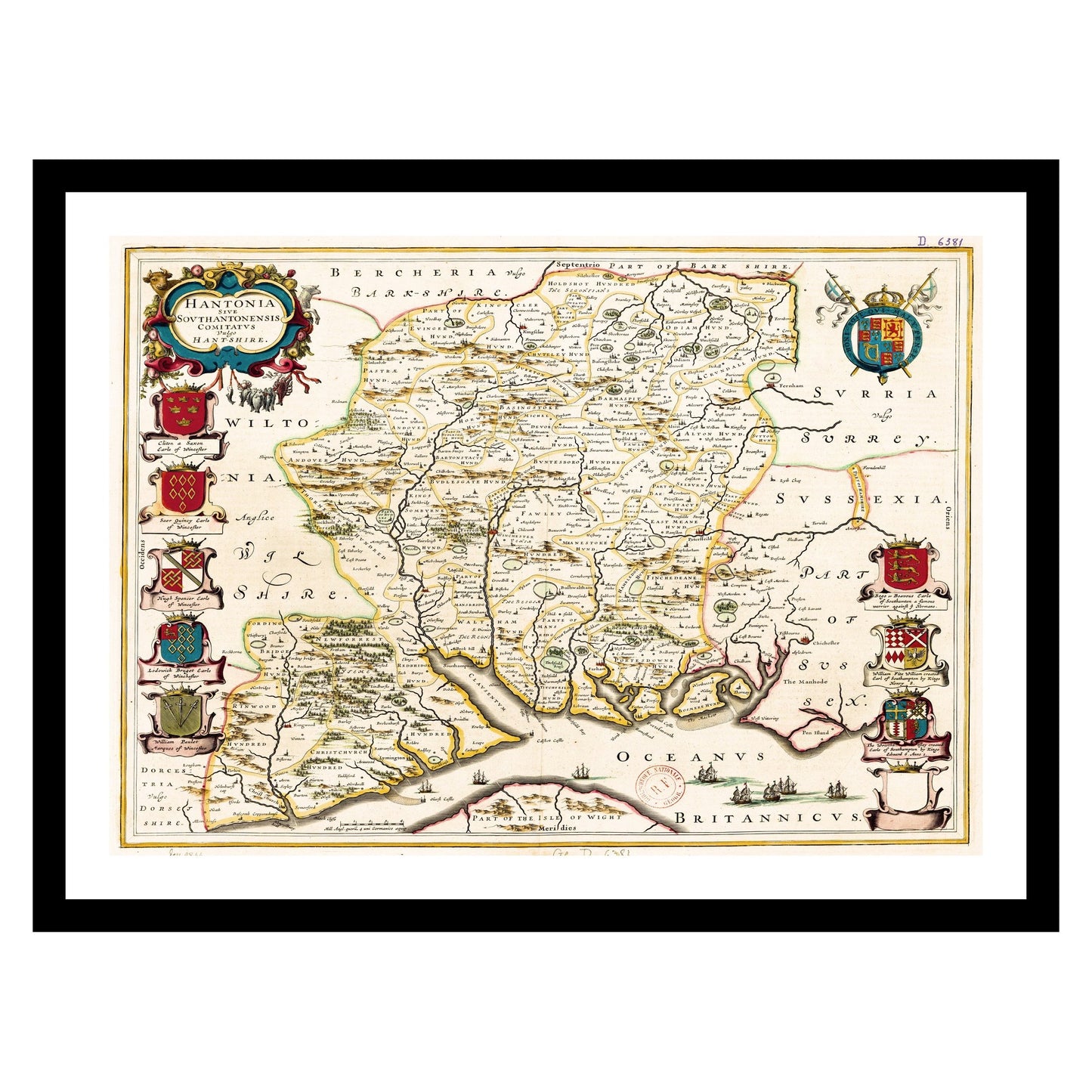 Antique map of Hampshire from 1645 - art print. Vintage poster from the old maps of United Kingdom collection