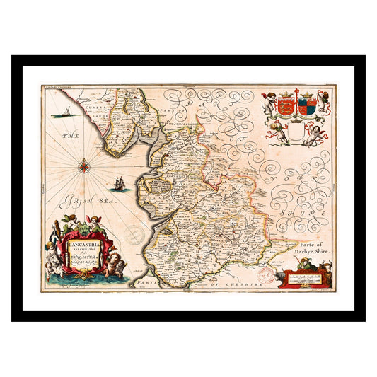 Antique map of Lancashire from 1646 - art print. Vintage poster from the old maps of United Kingdom collection