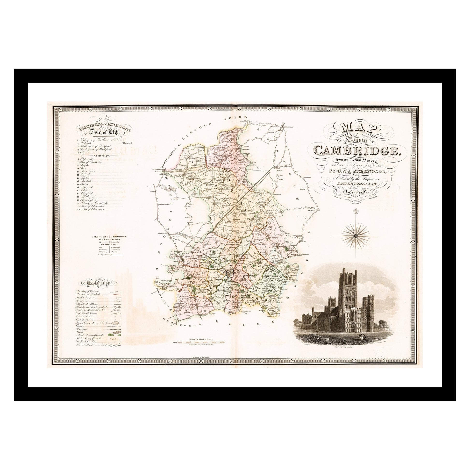 Antique map of Cambridgeshire from 1834 - art print. Vintage poster from the old maps of United Kingdom collection