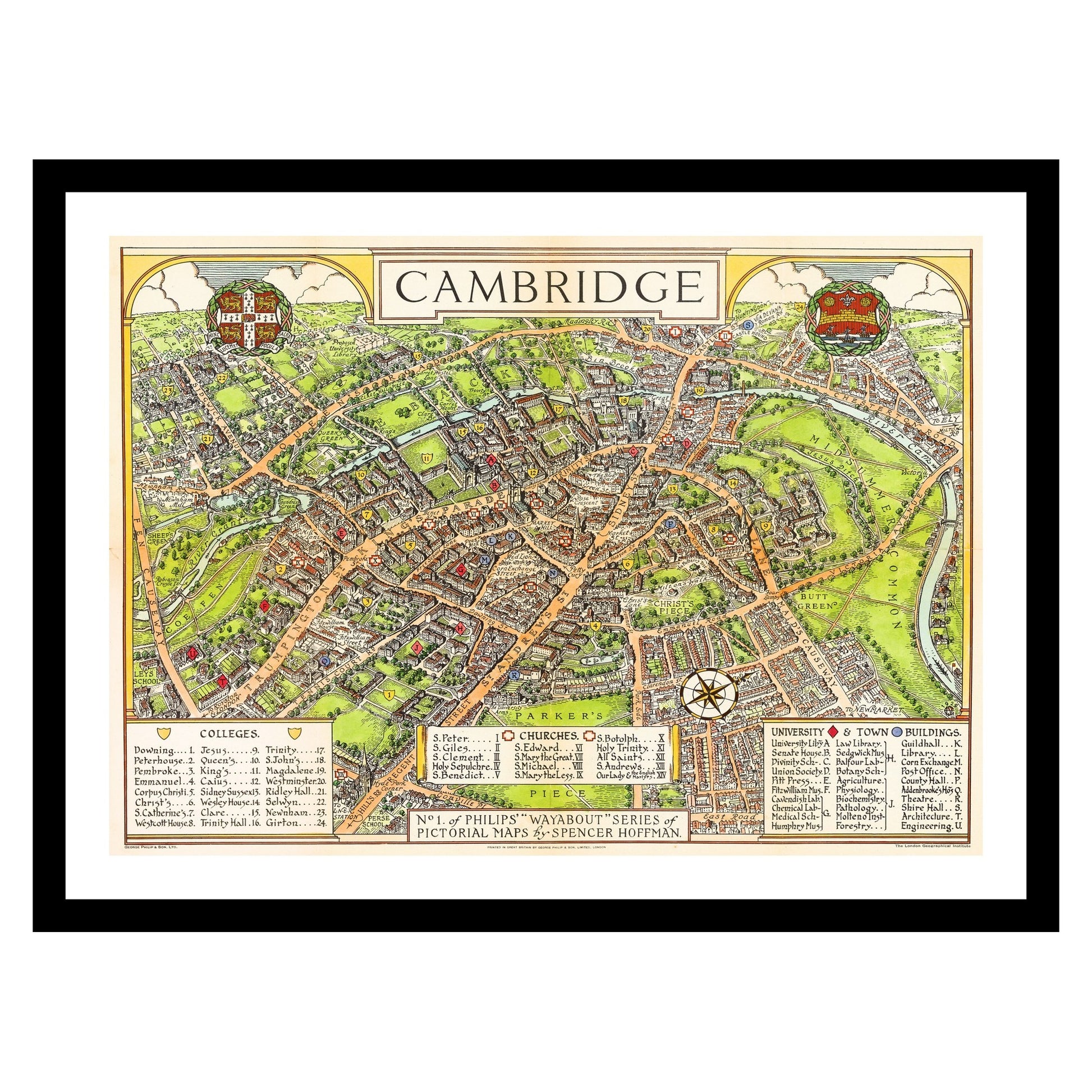 Antique map of Cambridge from 1929 - art print. Vintage poster from the old maps of United Kingdom collection