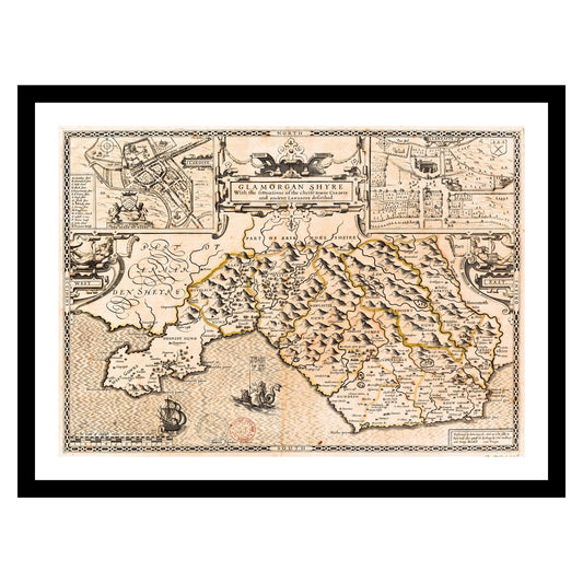 Antique map of Glamorgan from 1610 - art print. Vintage poster from the old maps of United Kingdom collection