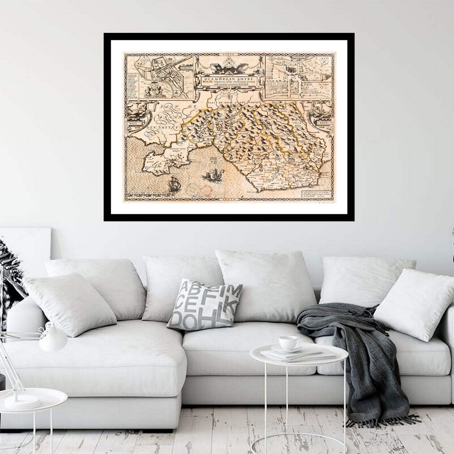 Antique map of Glamorgan from 1610 - art print. Vintage poster from the old maps of United Kingdom collection