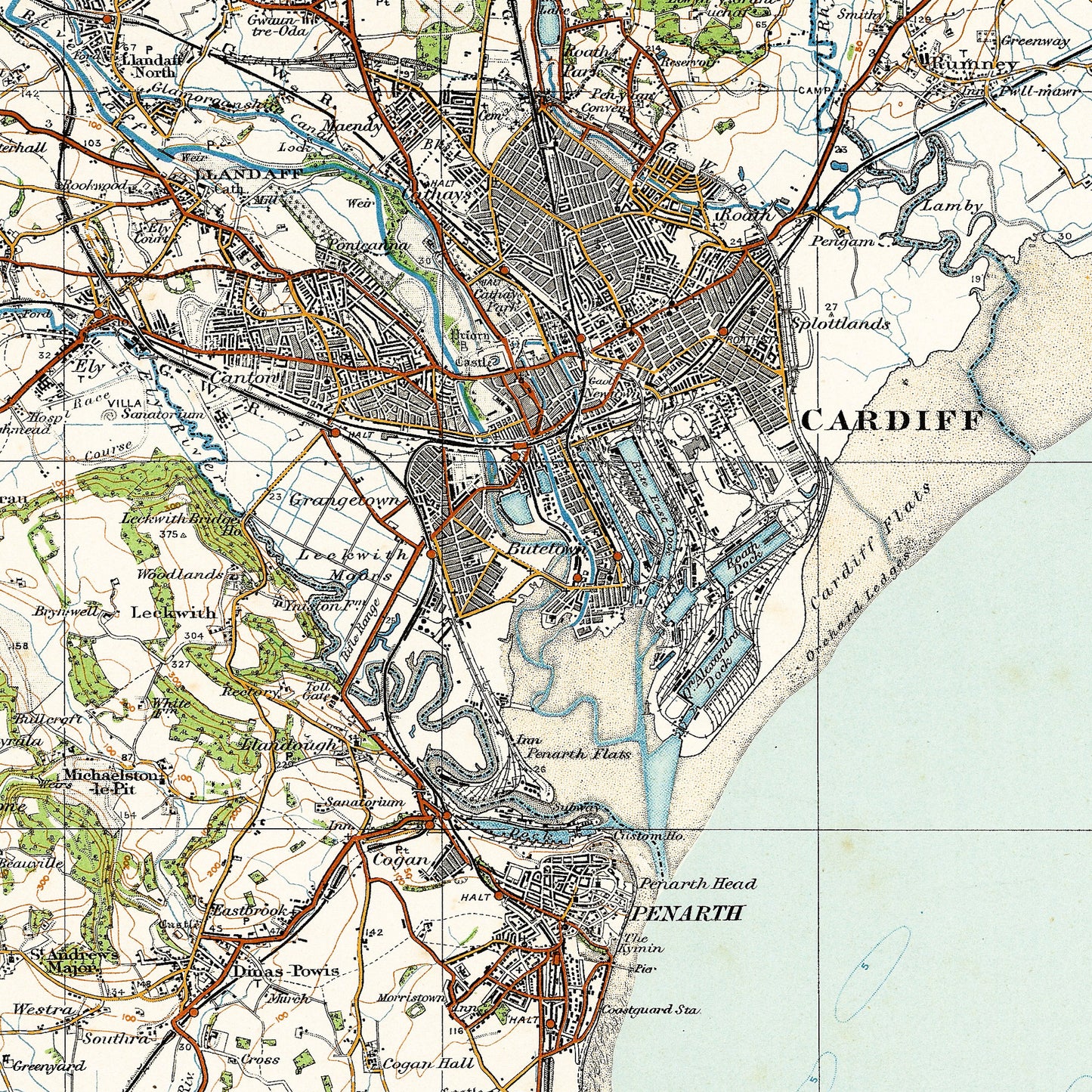 Cardiff Wales UK 1913 - Old Antique Map - Art Print