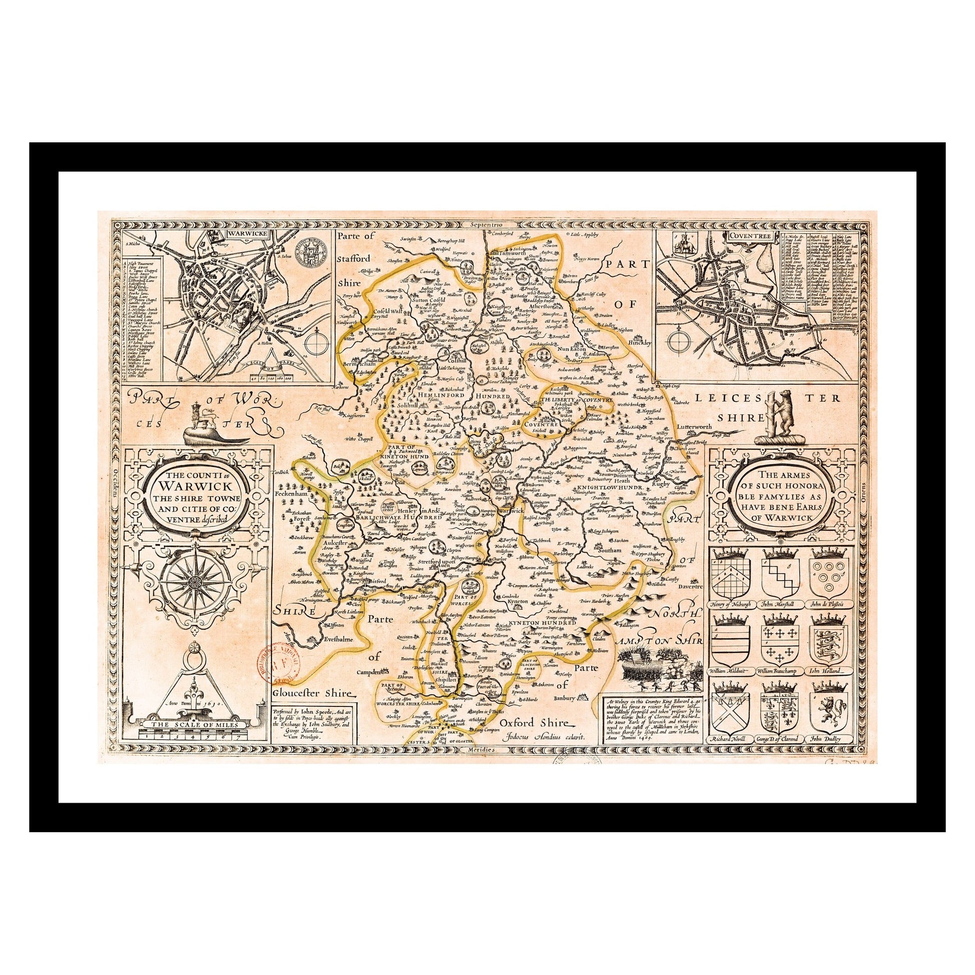 Antique map of Warwickshire from 1610 - art print. Vintage poster from the old maps of United Kingdom collection